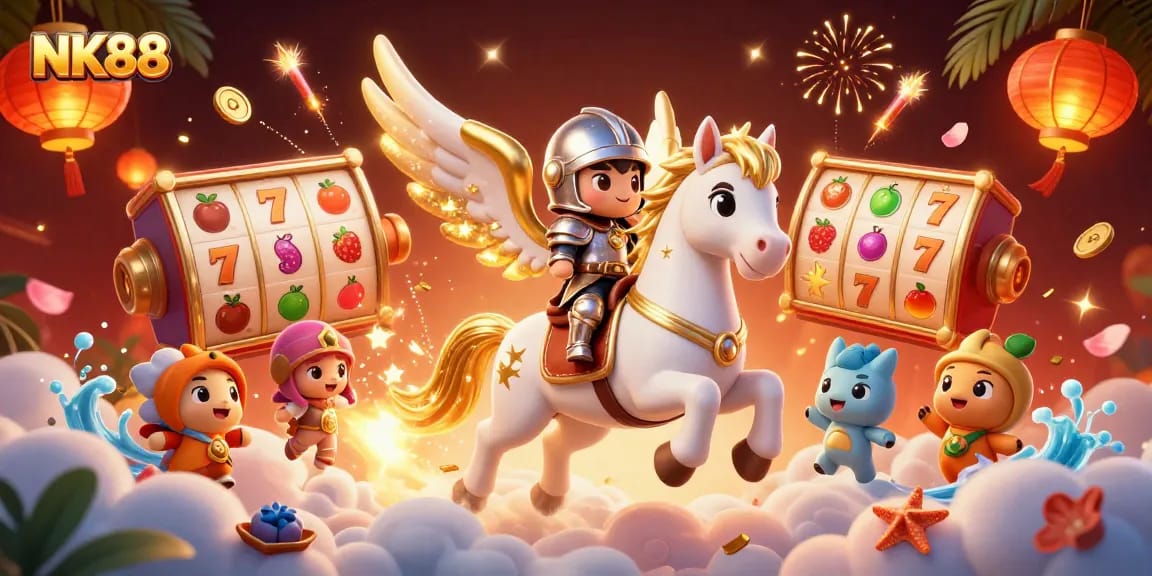 Bet on jackpots at NK88 with vibrant slot reels and winning characters in an engaging casino scene.