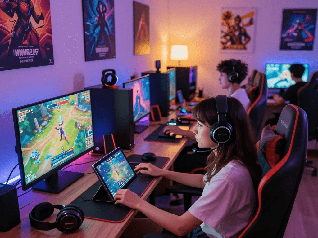 Engaged player enjoying an HTML porn game in a vibrant gaming environment with colorful graphics and accessories.