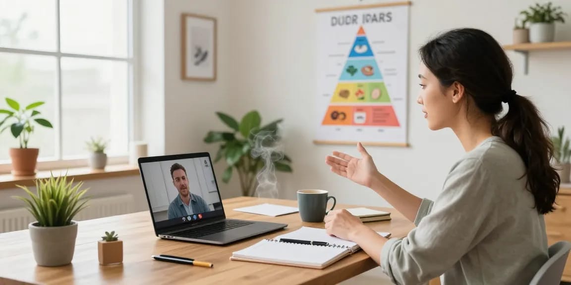 A wellness coach at koiaminos.com guiding a client through a healthy living plan in a bright home office.