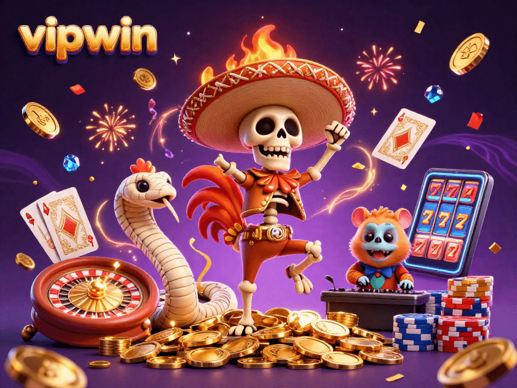 Win big at vipwin with a vibrant casino scene featuring a dancing skeleton and dynamic game elements.