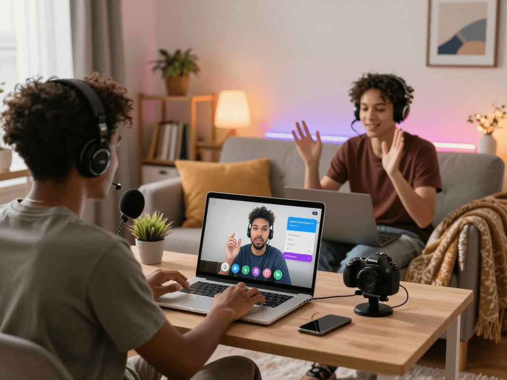 Engaging scene of users interacting in a sex chat AI environment, showcasing diversity and connection.
