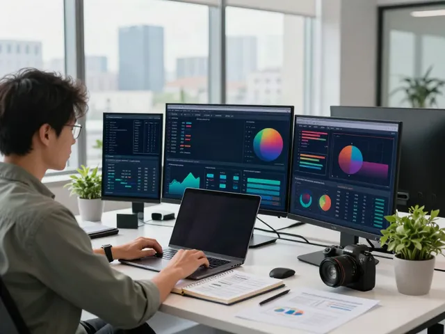 Data analyst at a modern office utilizing data source visualizations on multiple monitors.