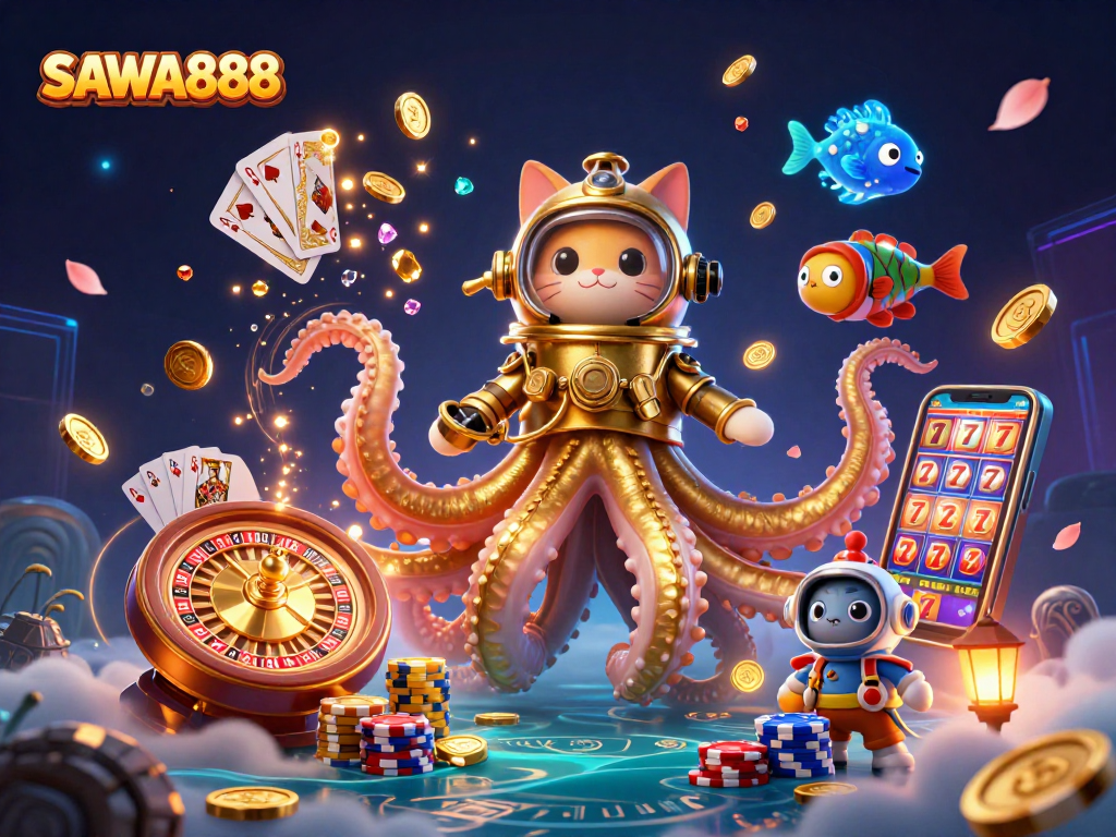 Experience the thrill of SAWA888 as the kraken and diving cat uncover treasures amidst cascading gold coins and gems.