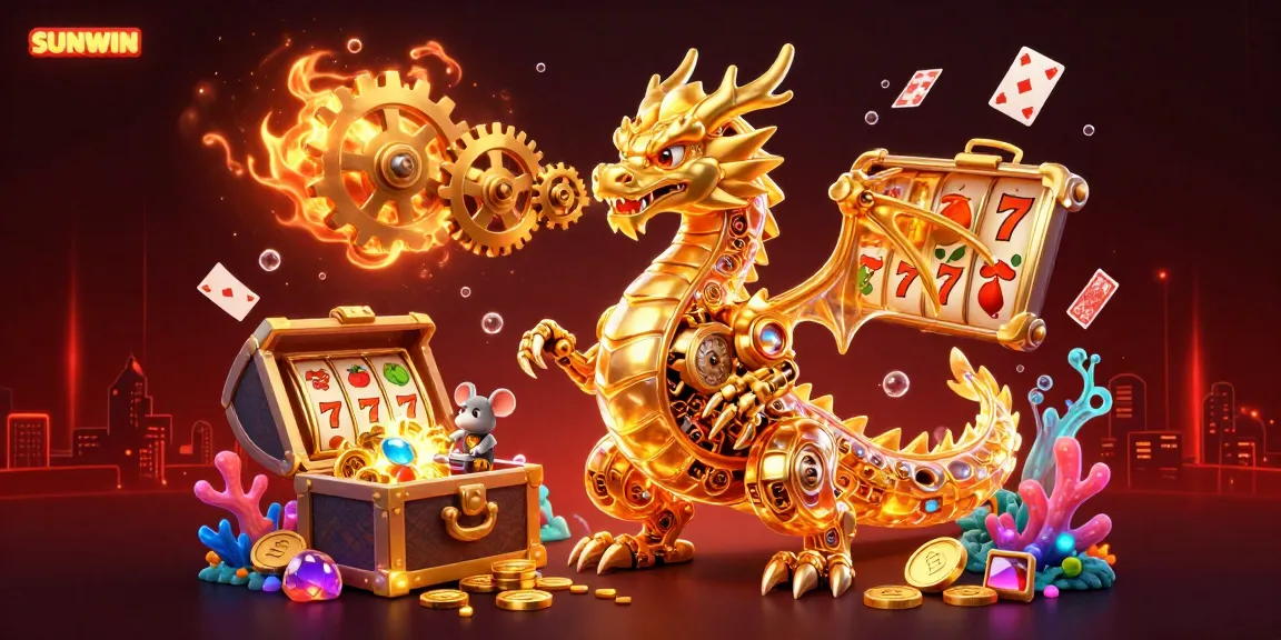 Experience the excitement of SUNWIN with a golden dragon and vibrant gaming elements in a dynamic 3D scene.