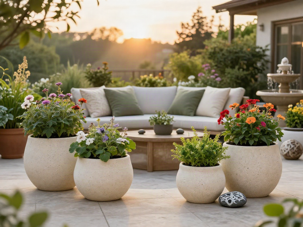 Beautiful outdoor terrace with IDEALIST fibrestone planters filled with vibrant flowers and greenery.