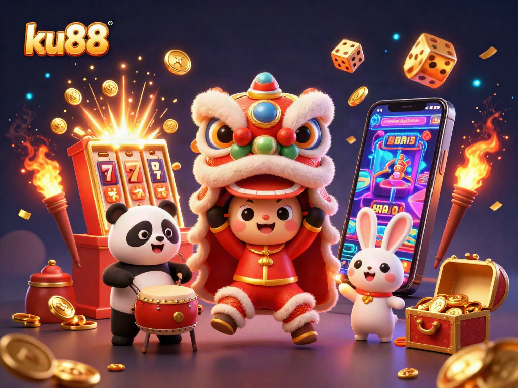 Experience exciting gaming at ku88 with a vibrant 3D casino illustration capturing jackpot moments.