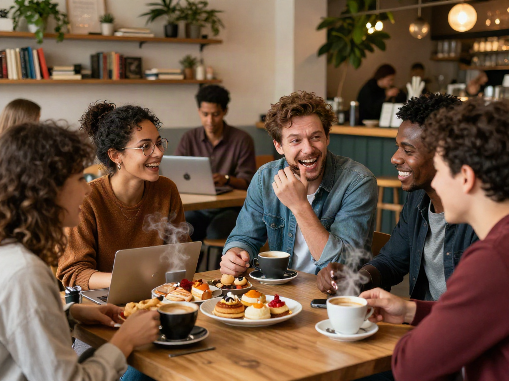 Spicy chat among friends in a cozy café, showcasing lively conversations.