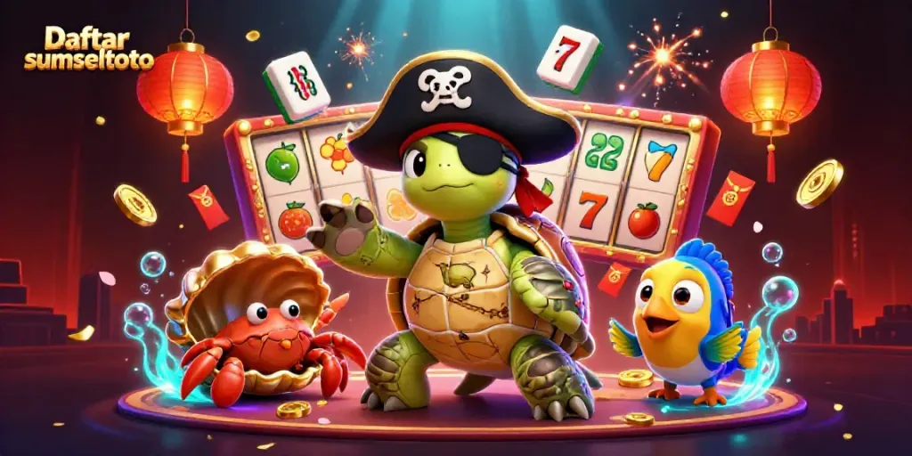 Play slots at Daftar sumseltoto with a vibrant underwater casino scene featuring a pirate turtle and rich decorations.
