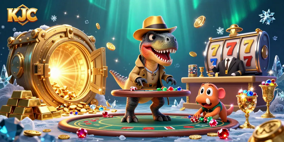 KJC velociraptor card counter at blackjack table amidst gold bars and vibrant casino elements