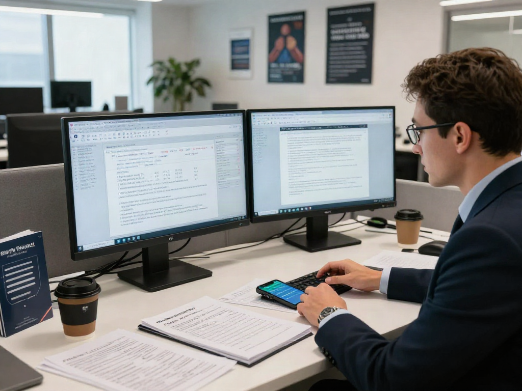 Crypto scam investigation office scene with investigator analyzing reports and charts, showcasing urgency and professionalism.