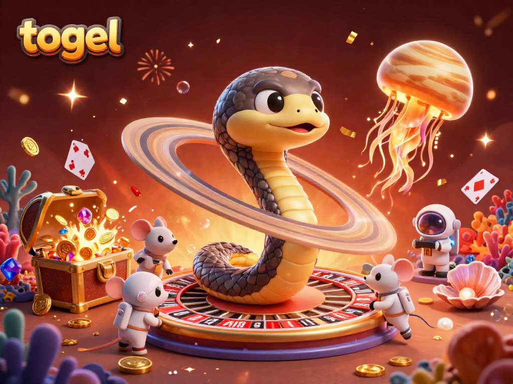 Togel game excitement with cartoon characters placing bets on a cosmic roulette wheel.