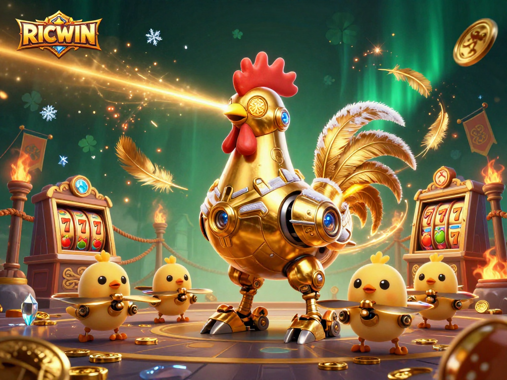 Engage with RICWIN's thrilling slots and laser-shooting golden rooster in a vibrant 3D casino battle.