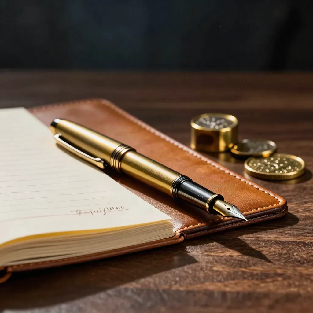 Brass pen, leather ledger and brass paperweights on a dark accounting desk in moody light.