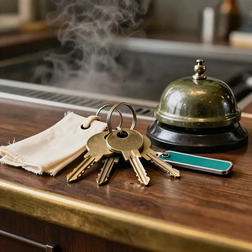 Brass key fobs, linen tags, a service bell and ticket rail in warm kitchen haze.