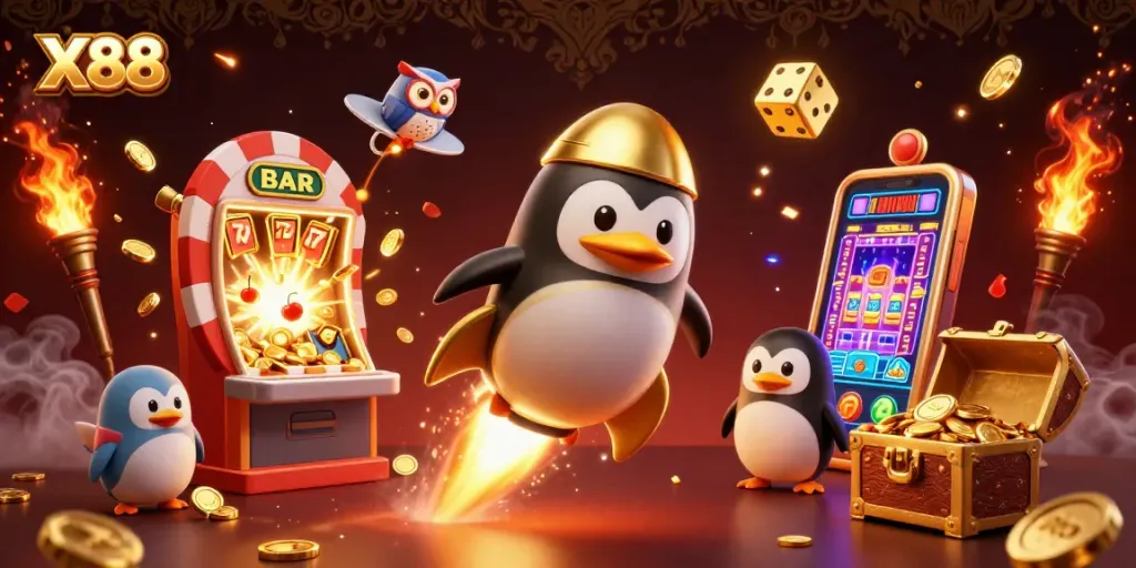 X88 penguin soars toward a casino space station amidst a jackpot explosion, showcasing excitement and rewards.