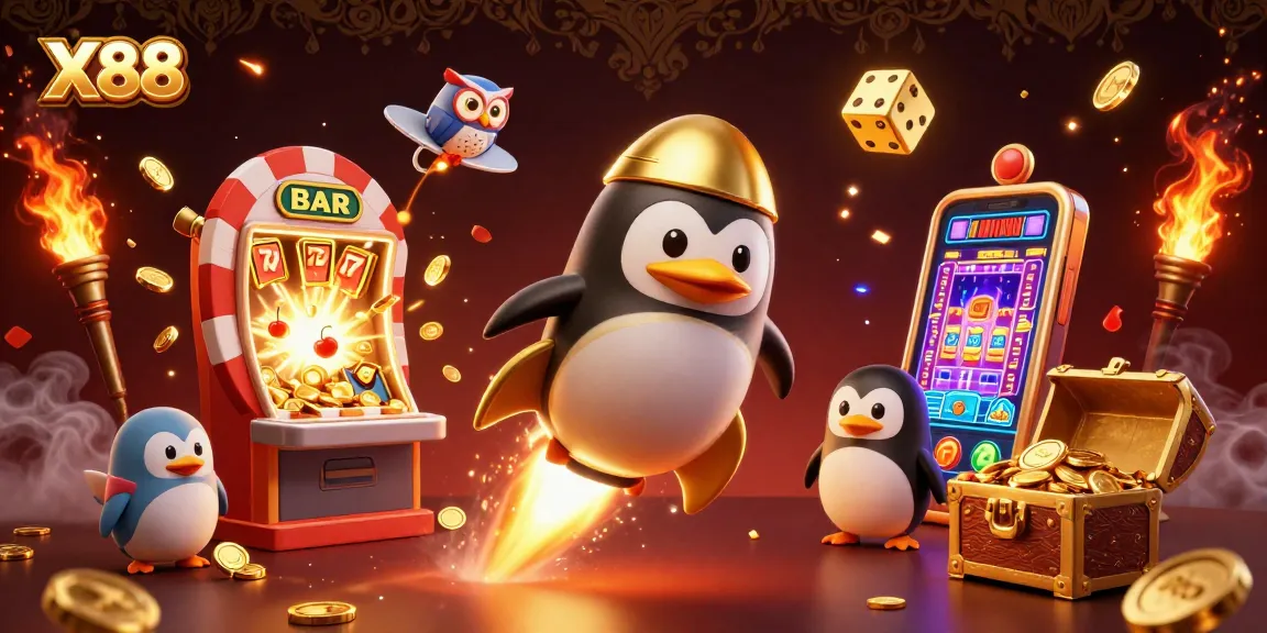 X88 penguin soars toward a casino space station amidst a jackpot explosion, showcasing excitement and rewards.