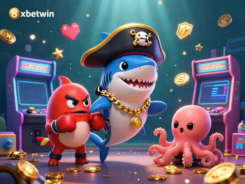 Join the excitement at 8xbetwin with a vibrant casino-themed illustration featuring unique characters and gaming elements.