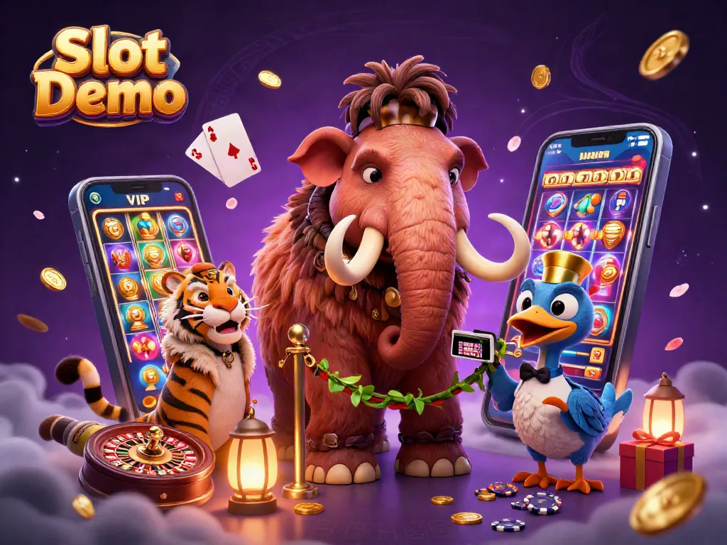 Play the Slot Demo surrounded by vibrant 3D characters, winning coins, and immersive casino elements.