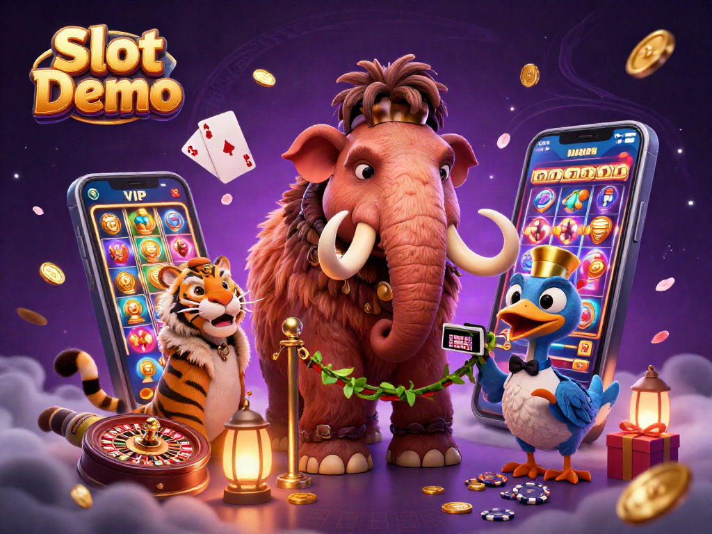 Play the Slot Demo surrounded by vibrant 3D characters, winning coins, and immersive casino elements.