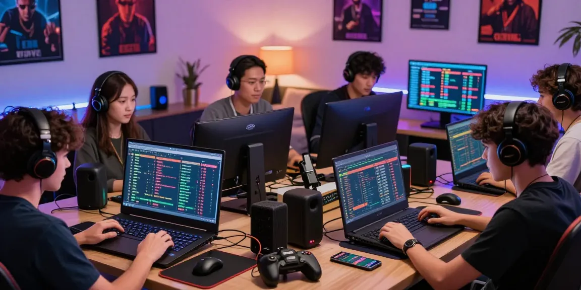 Engaging online gaming community scene featuring diverse individuals participating in 토토사이트 검증 먹튀스팟, using laptops and smartphones with betting charts in a modern home office.