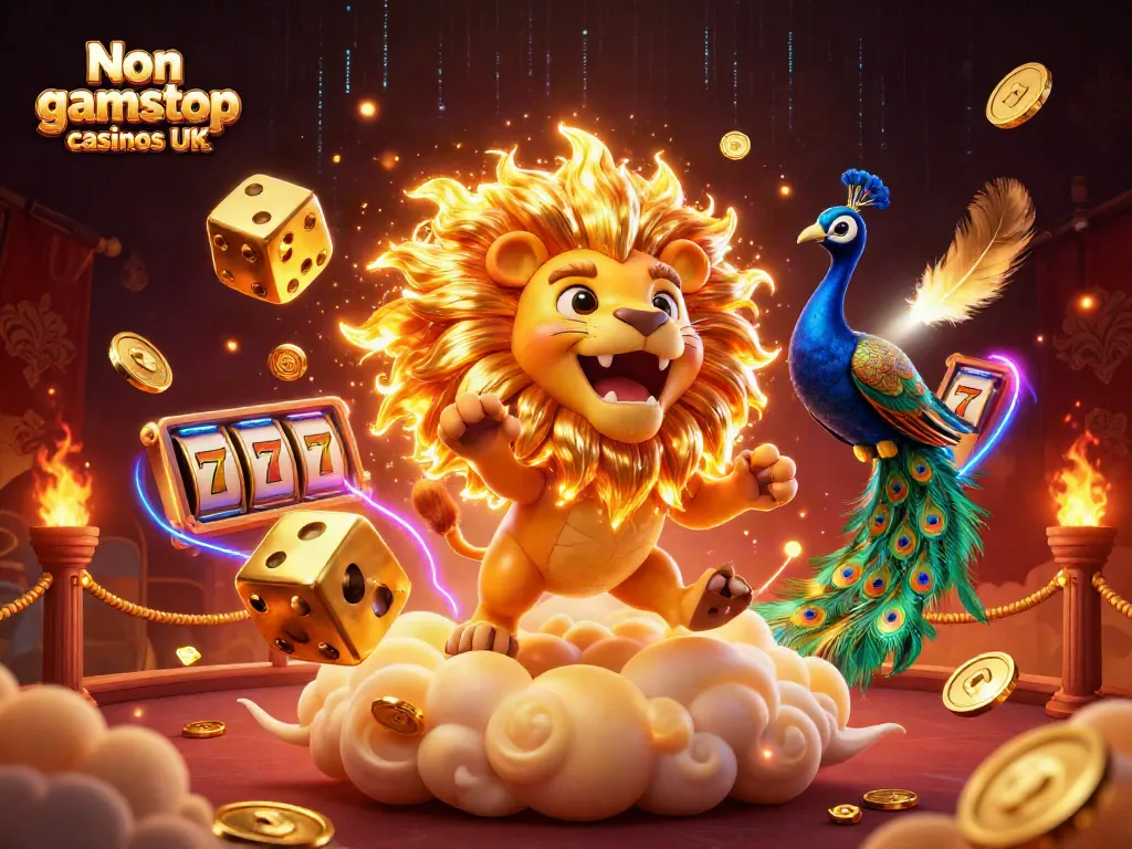 Experience excitement with Non gamstop casinos UK in a vibrant 3D scene filled with casino elements.