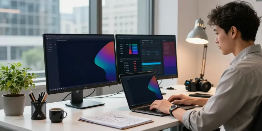 Marketing workspace featuring instant indexing tools on dual monitors with analytical dashboards.