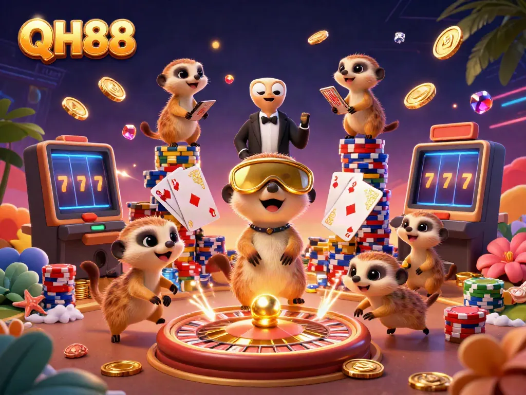 Experience QH88’s vibrant casino energy with lively meerkats engaging in thrilling gaming activities