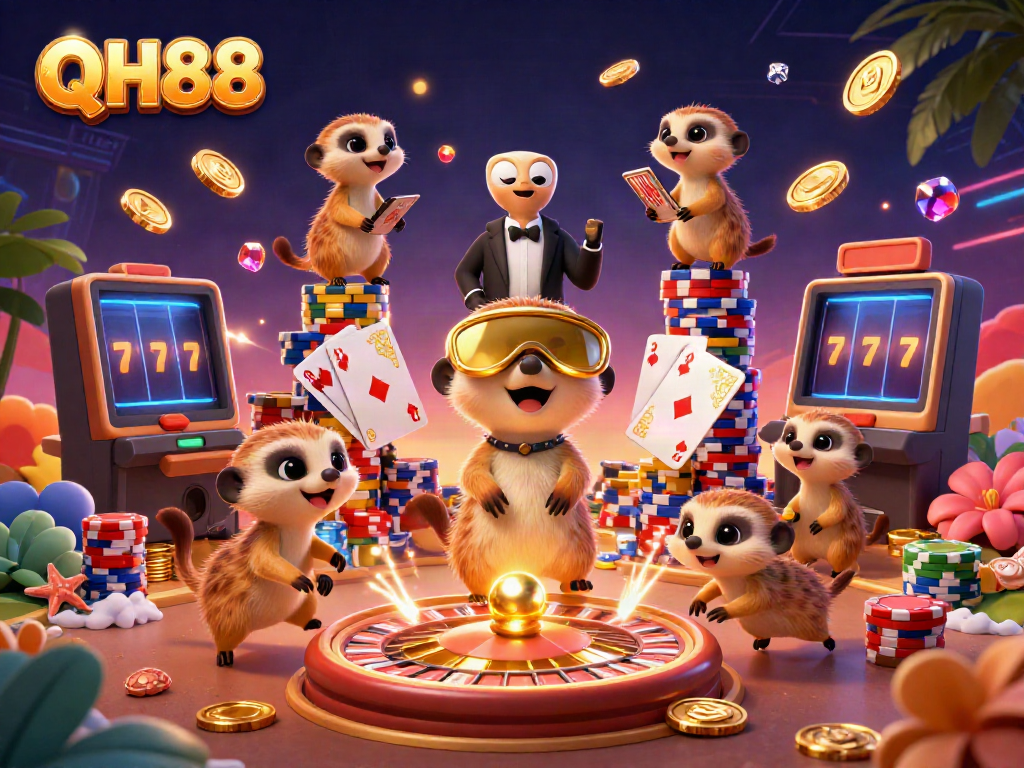 Experience QH88’s vibrant casino energy with lively meerkats engaging in thrilling gaming activities