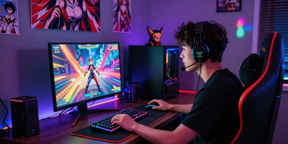Gamer focused on mind control hentai game with RGB setup and anime collectibles.
