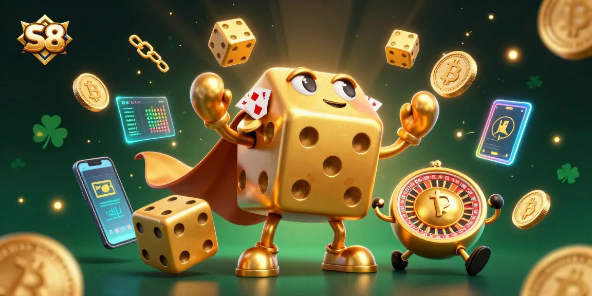 Experience S8 gaming excitement with golden dice, vibrant crypto coins, and dynamic casino elements.