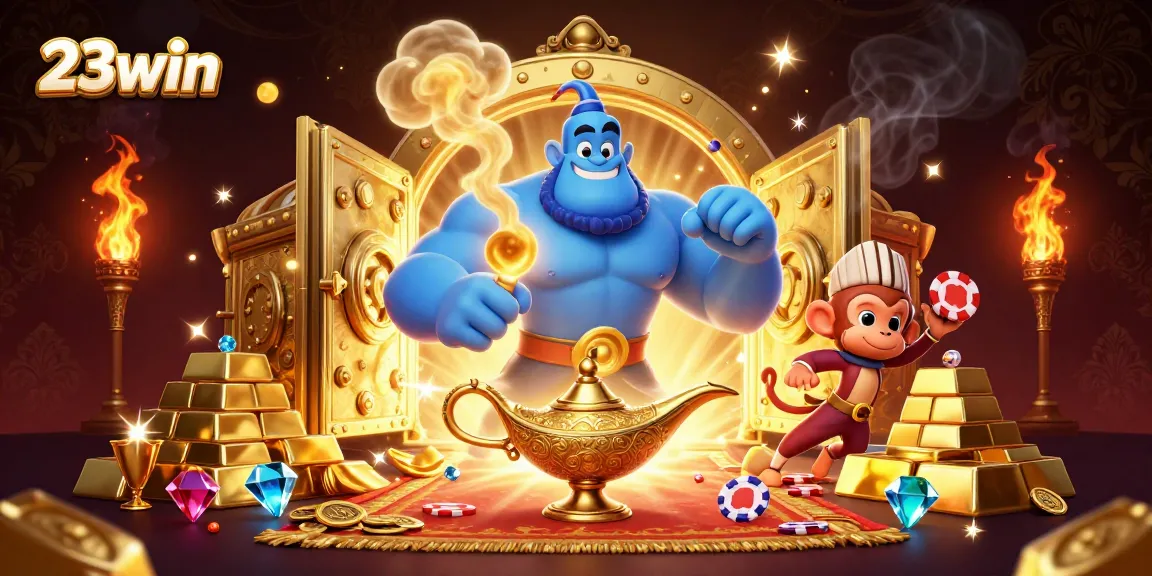 Play exciting games on 23win with a magical genie, poker chips, and gleaming treasures.