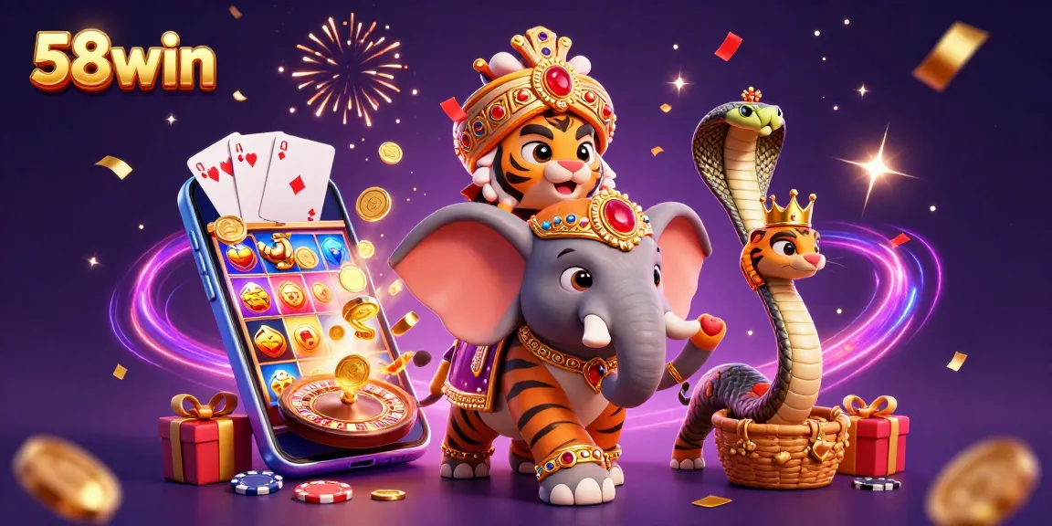 Experience the thrill of 58win with a vibrant illustration of a tiger, elephant, and cobra amid casino games.
