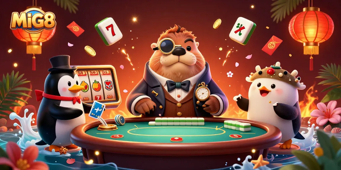 Experience the excitement of MIG8 with a vibrant underwater poker scene featuring a walrus, penguin dealer, and bluffing pufferfish.