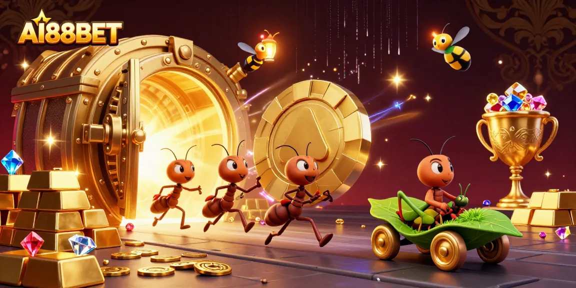 Experience thrilling heist action with AI88BET as cartoon ants steal a giant poker chip.