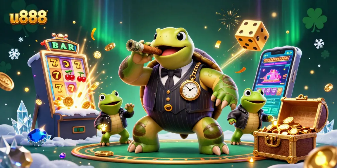 u888's exciting casino scene featuring turtle dealers, dynamic slots, and vibrant game elements.