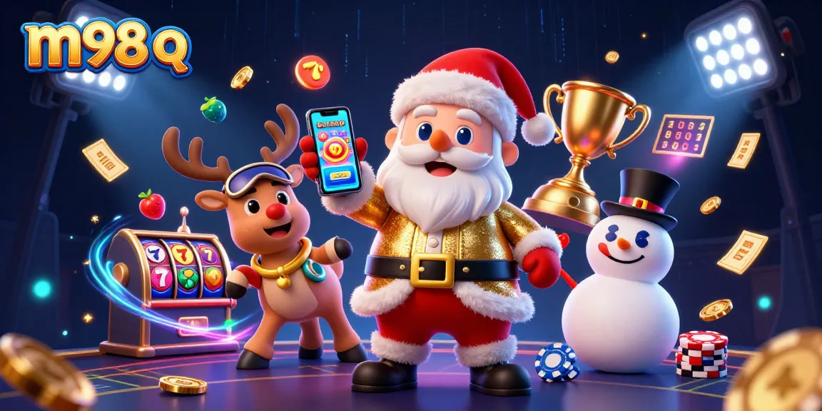 Experience the thrill of m98 q with Santa, a reindeer dealer, and a casino-themed snowman.