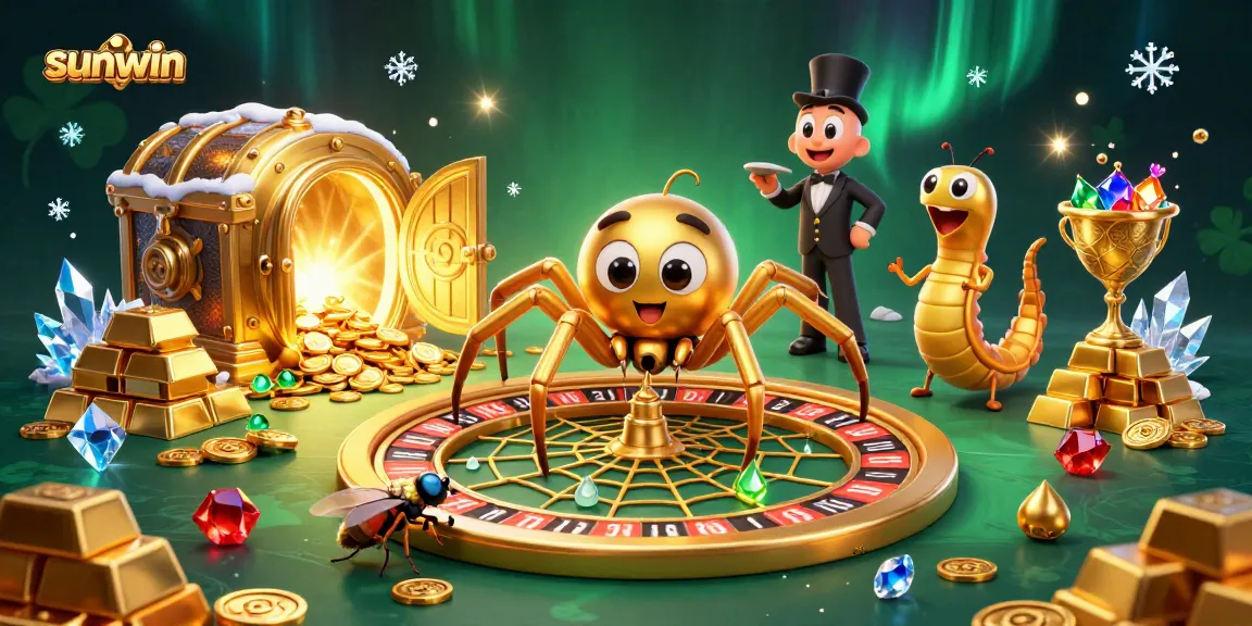 Engage with Sunwin as the golden spider spins a roulette web, surrounded by riches.
