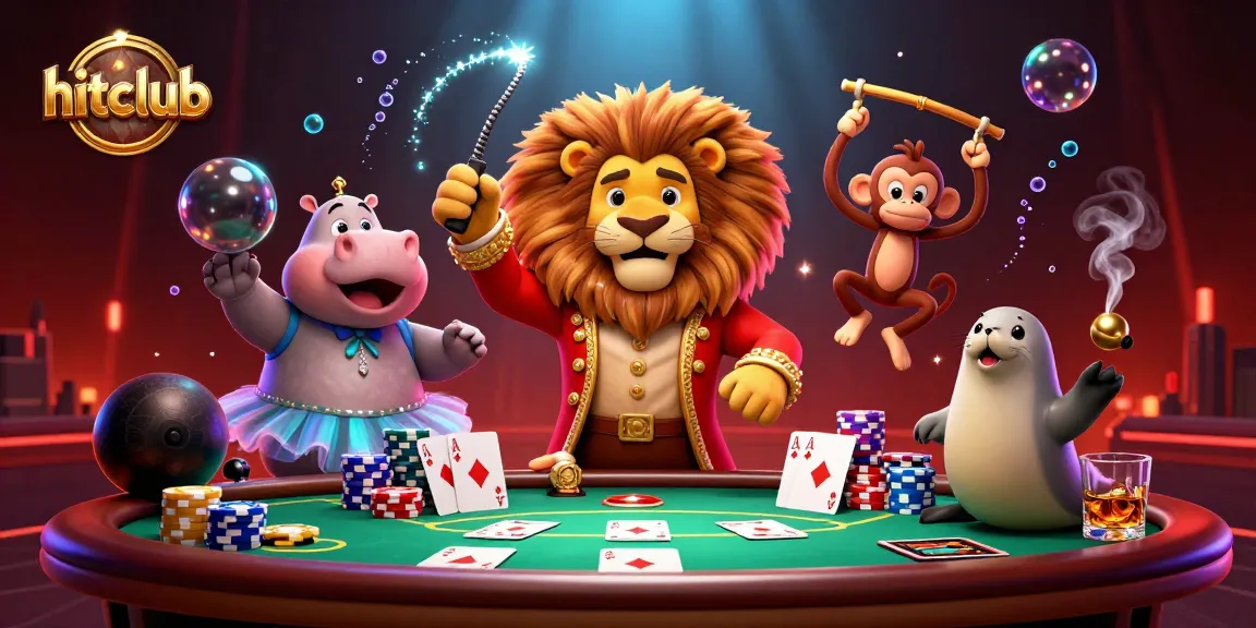 Experience hitclub’s vibrant casino world with circus characters and poker elements in action