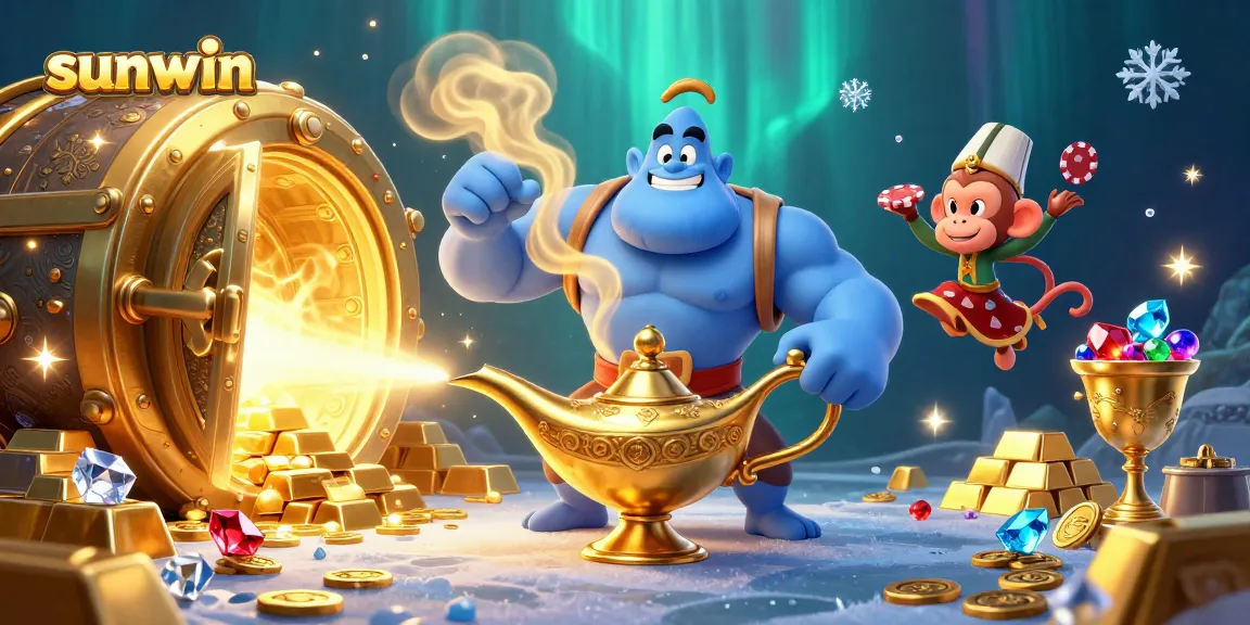 Experience thrilling gaming at Sunwin with a genie, treasure, and poker chips in a vibrant casino scene.