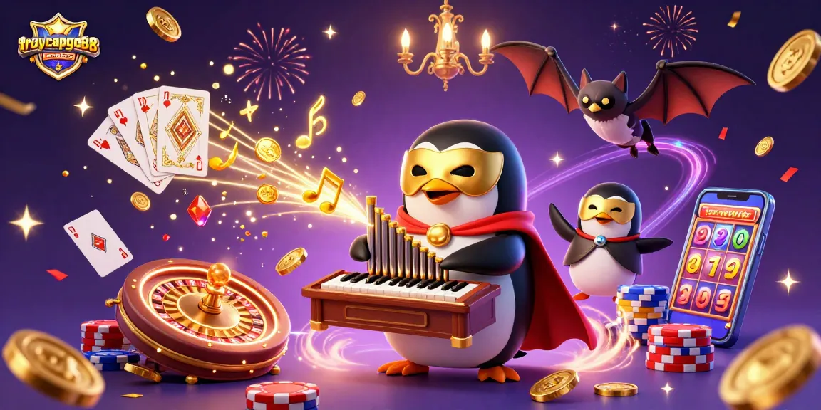 Experience the thrill at truycapgo88 with a casino-inspired illustration showcasing slot games and table excitement.