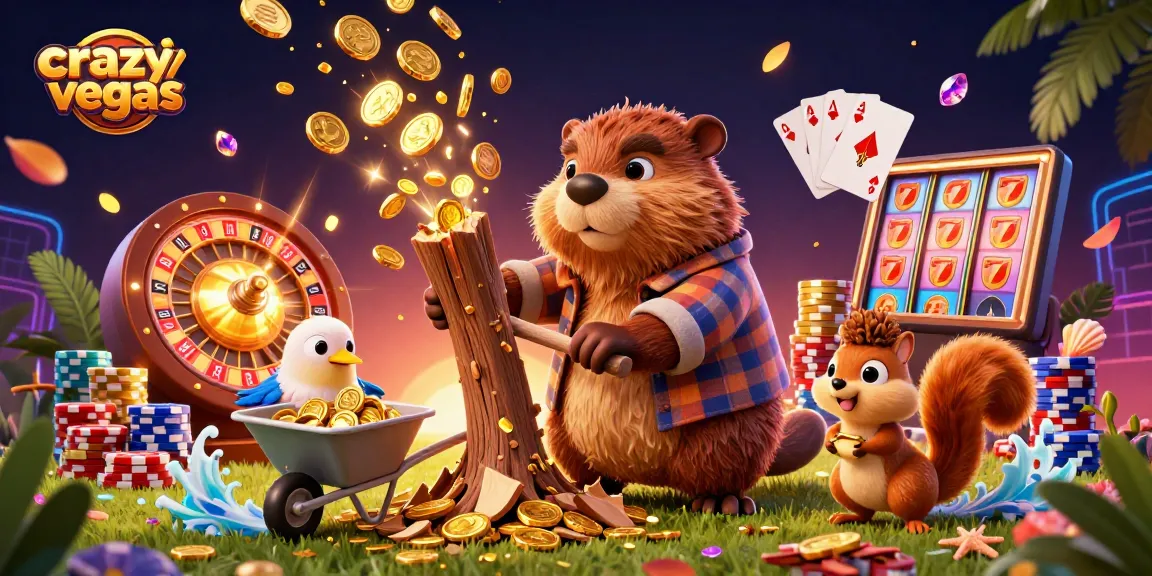 Experience the excitement of crazyvegas as a beaver chops a tree raining coins, surrounded by casino elements.