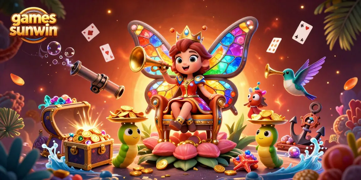 Experience the excitement of gamesunwin with a vibrant 3D casino scene featuring a butterfly queen and treasure.